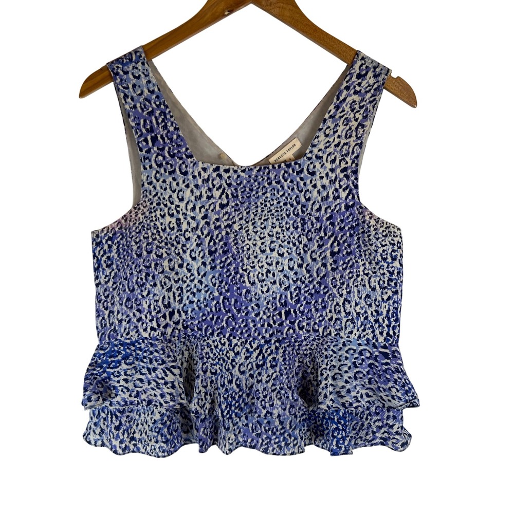 Rebecca Taylor Blue Purple Leopard Print 100% Silk Peplum Tank Top Size 4